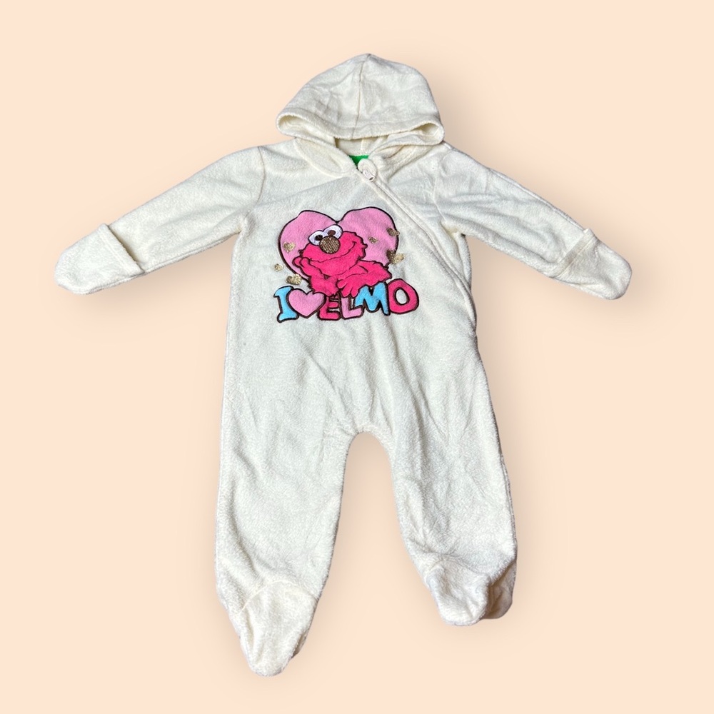 Baby Sesame Street I Love Elmo Cream Fleece Footie One Piece W/Hood Sz 3-6 Mon - Picture 1 of 9